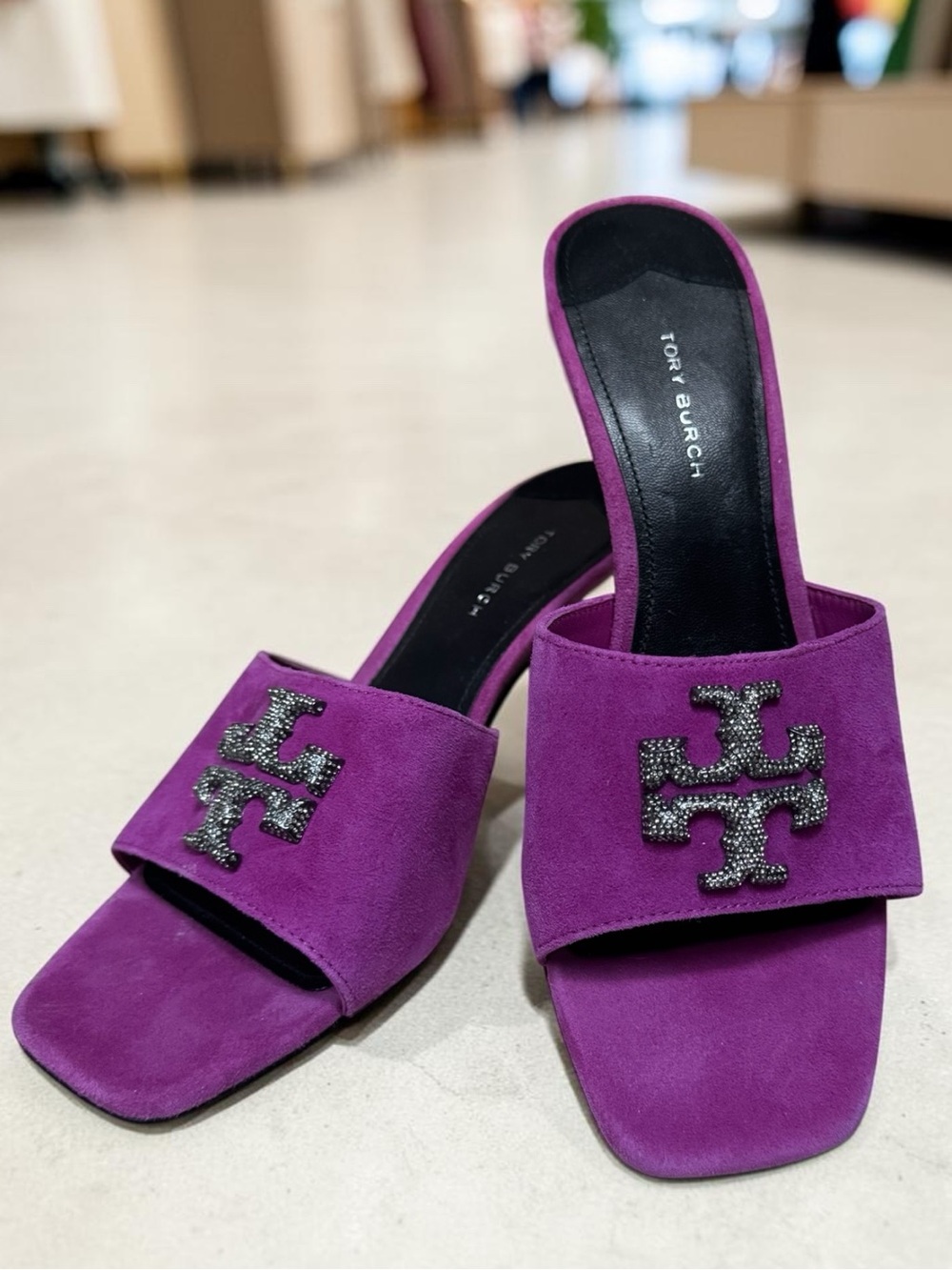 Tory Burch | NWOB | Eleanor | Gunmetal Pave Logo | Mule  | Fuchsia Suede | 8 1/2